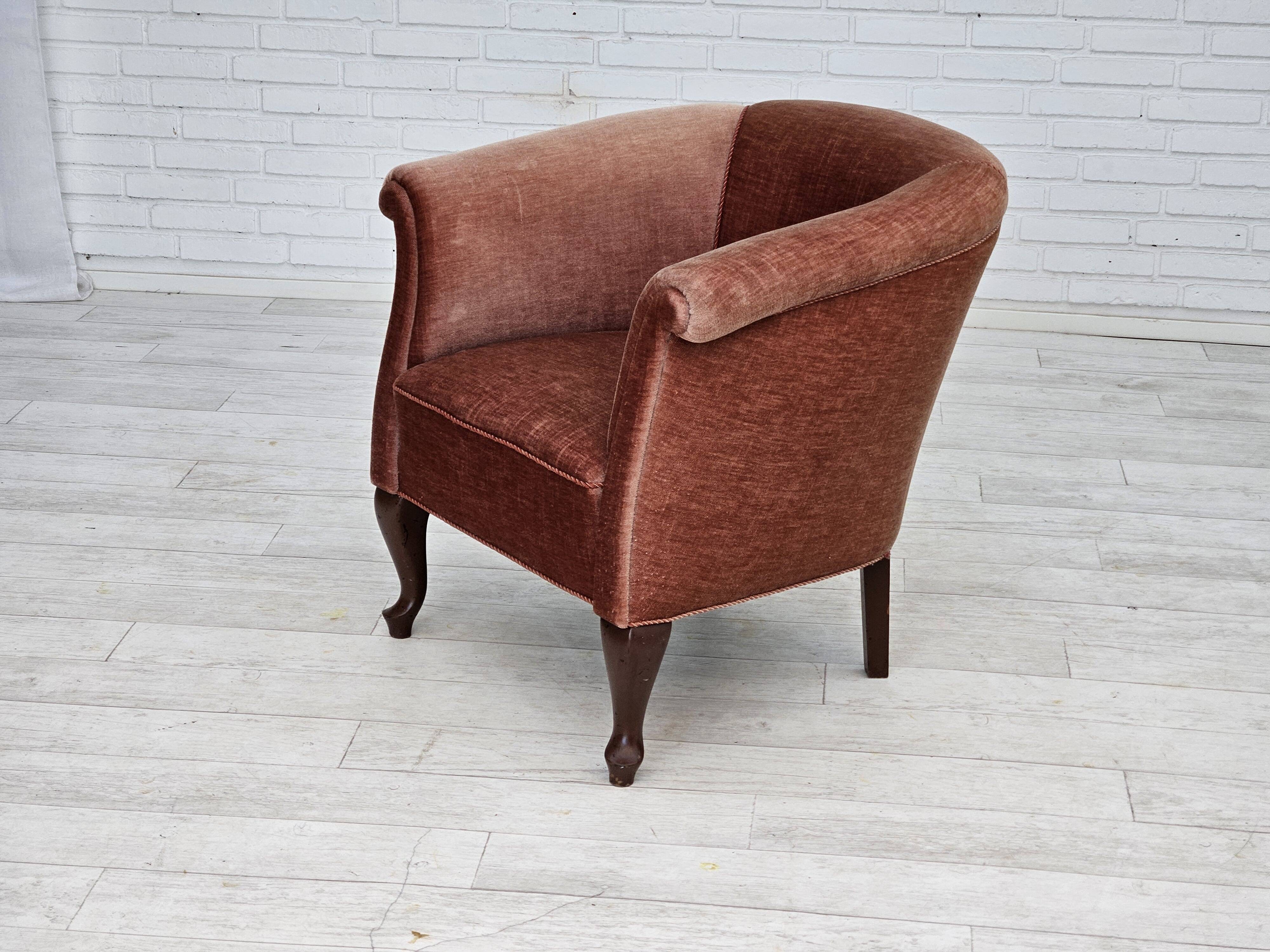 1960s, Danish lounge chair, salmon pink furniture velour, ash wood legs.