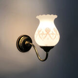 Pair of gooseneck wall sconces in gilded metal, white opaline with pink decorations