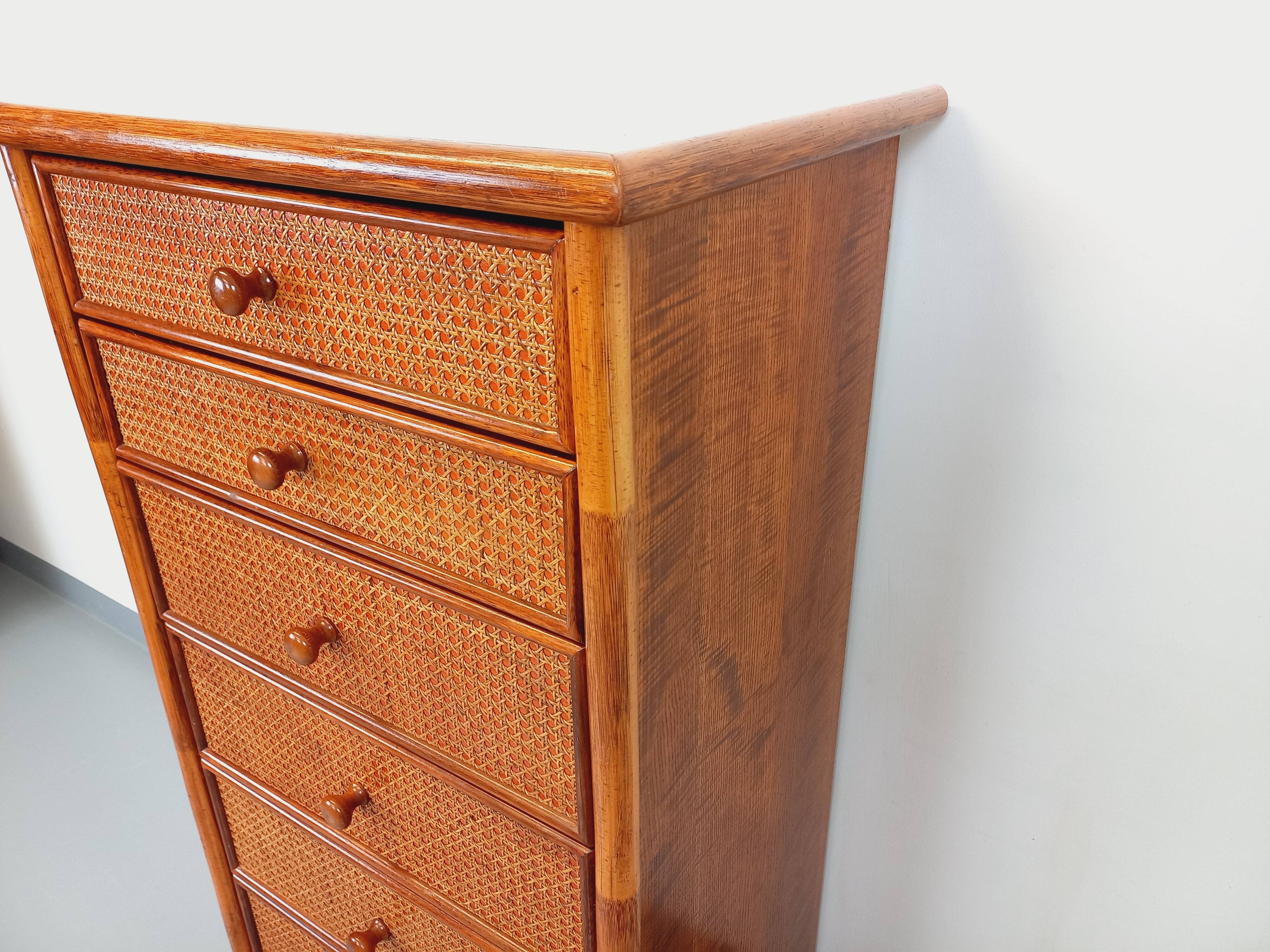 Vintage chest of drawers in rattan, wood and cane