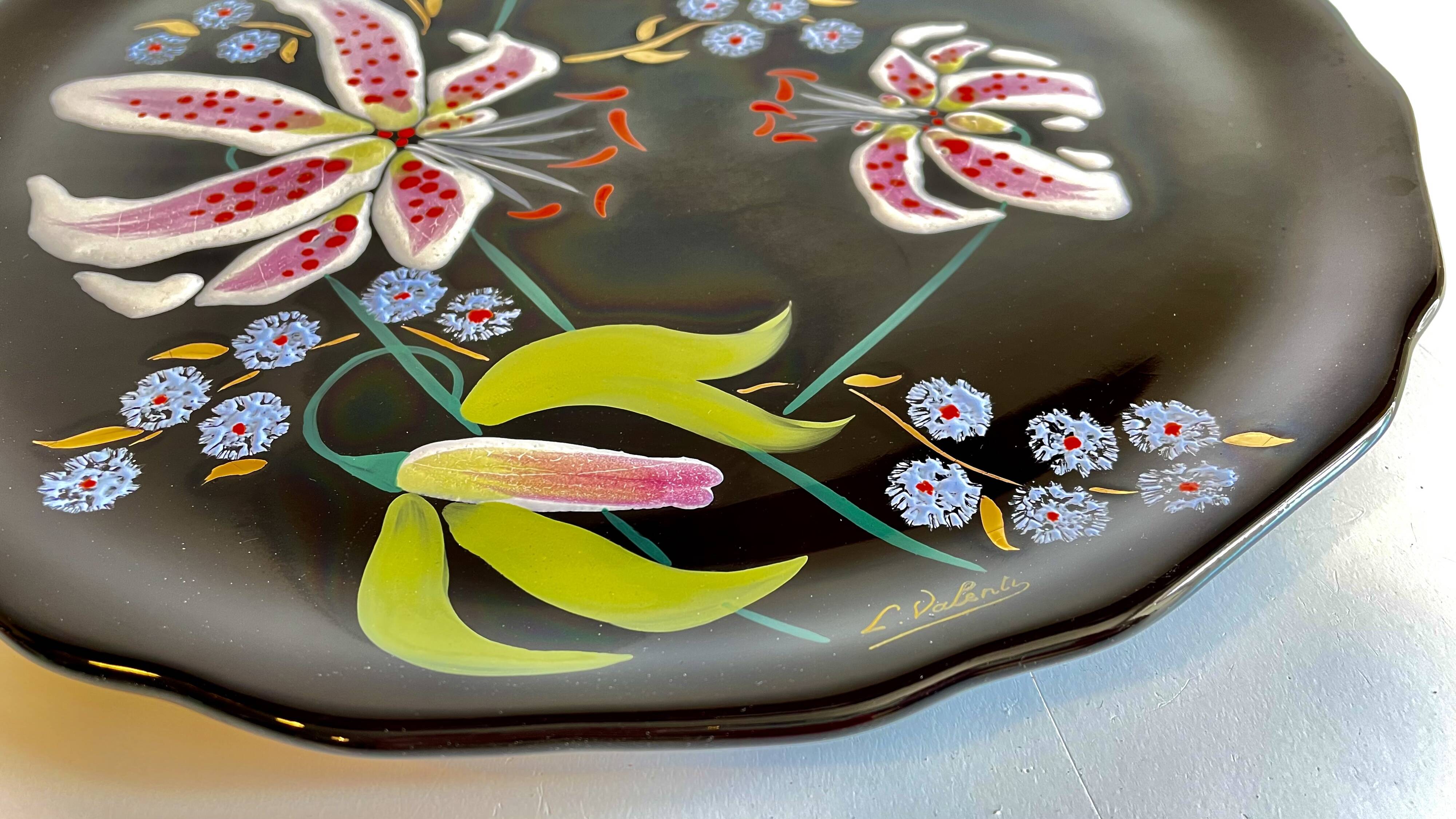 LONGWY PLATTER WITH LILIES signed L. VALENTI