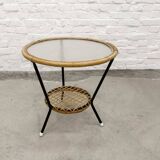 Mid-Century Set of Three Round Rattan and Glass Side Tables, 1960s