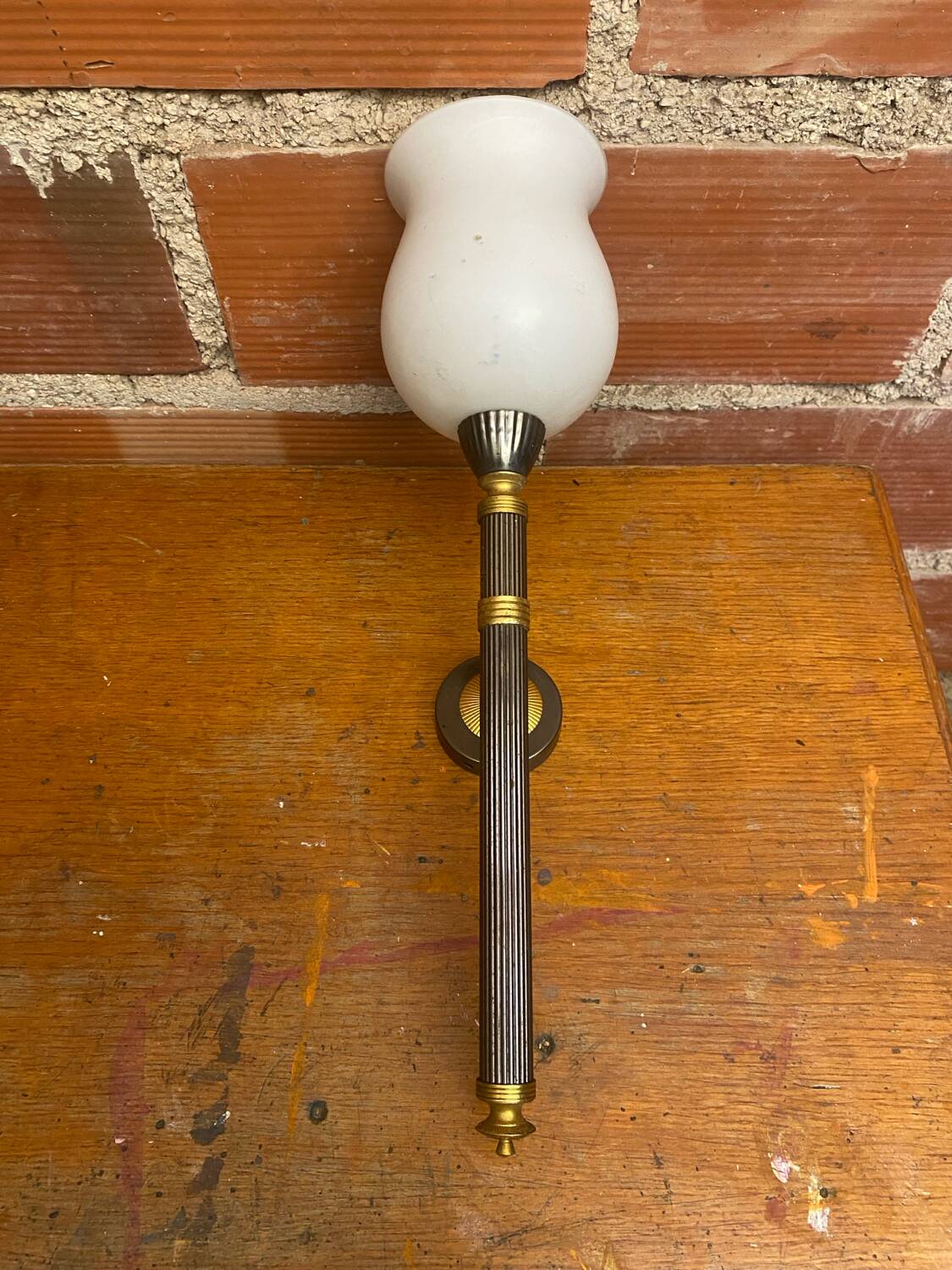 Antique Wall Lamp Torch JANSEN style Metal + White Opaline Vintage #C52