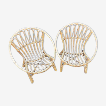 Set of 2 children's chairs in bamboo and rattan, 1970