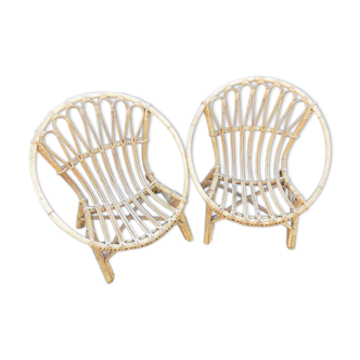Set of 2 children's chairs in bamboo and rattan, 1970