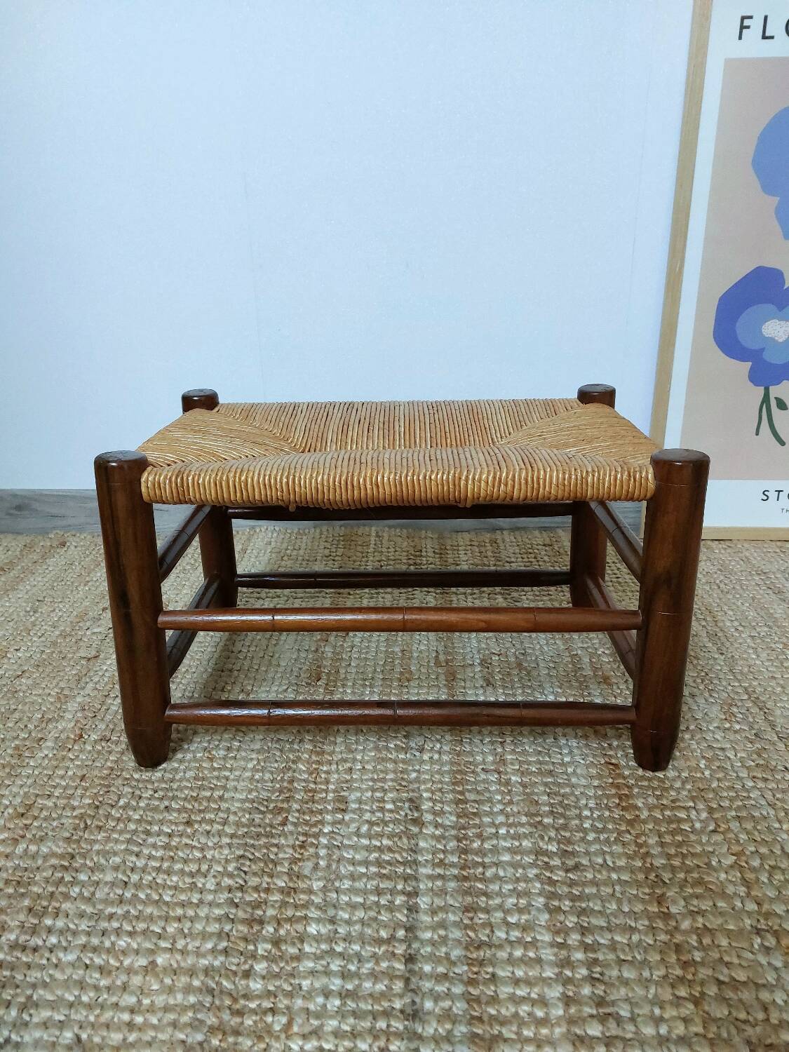 Vintage woven straw wooden stool