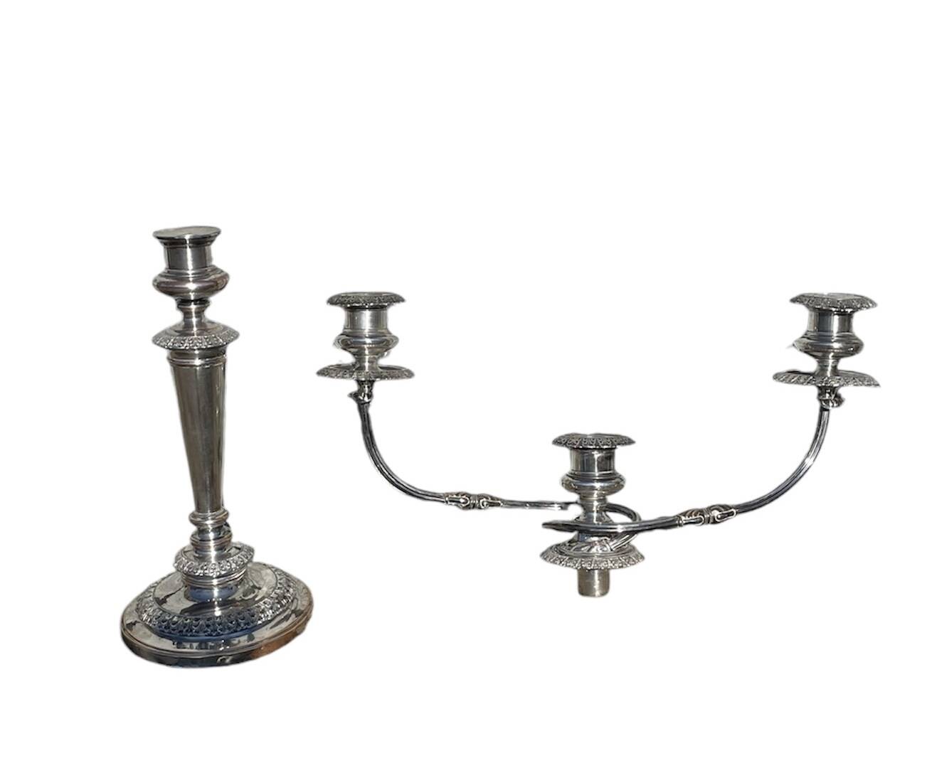 Pair of convertible three-light candelabra in silver-plated metal.
