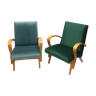 Paire de fauteuils retapissés velours bleu vert