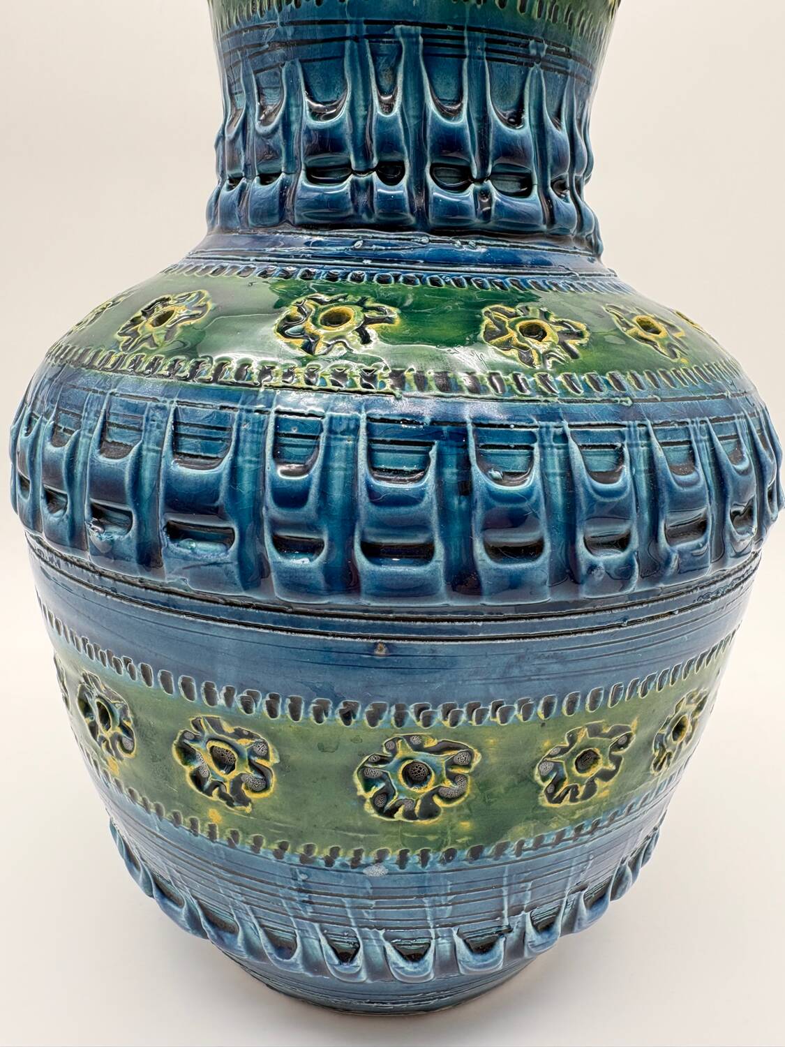 Aldo Londi vase, Rimini Blue, blue-green glazed ceramic, Bitossi, 1960