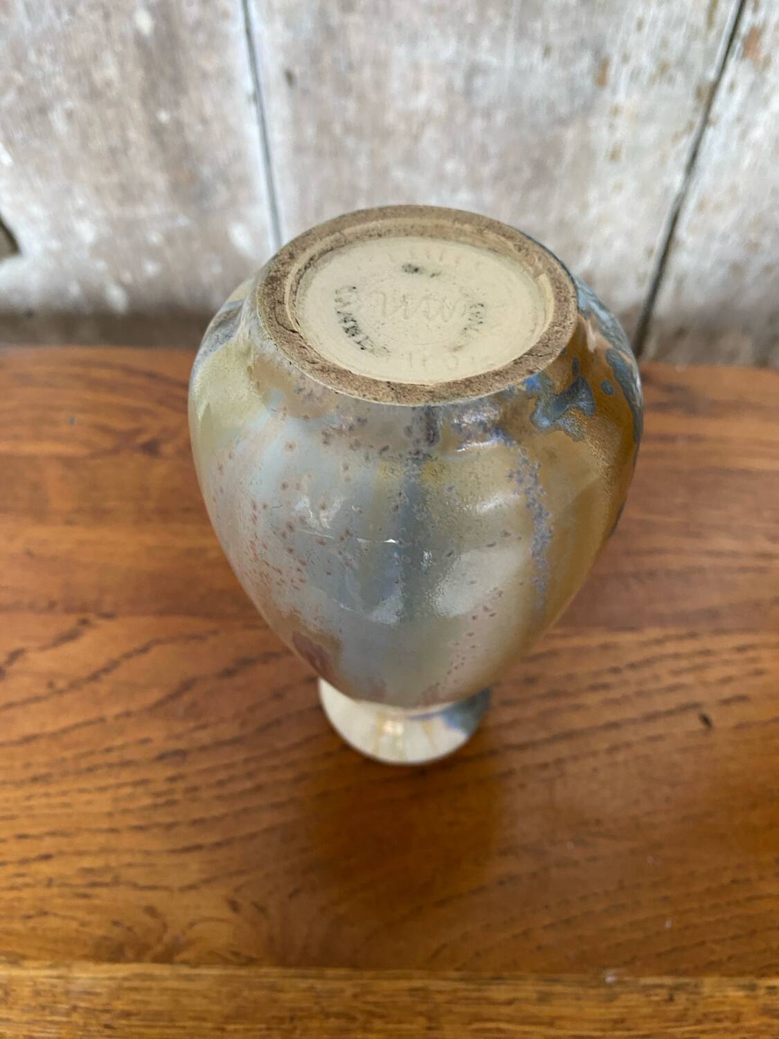 Old mougin style vase ceramic beige crystallized enamel blue france