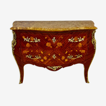 Chest of drawers in marquetry of precious wood, rosewood, louis xv style