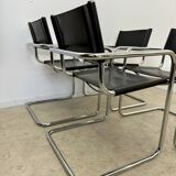 Lot of 4 tubular metal and black leather chairs MG5 Grassi style 70s