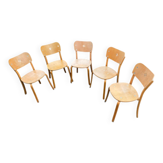 Set of 5 vintage wooden school chairs – 1950s/60s – industrial style