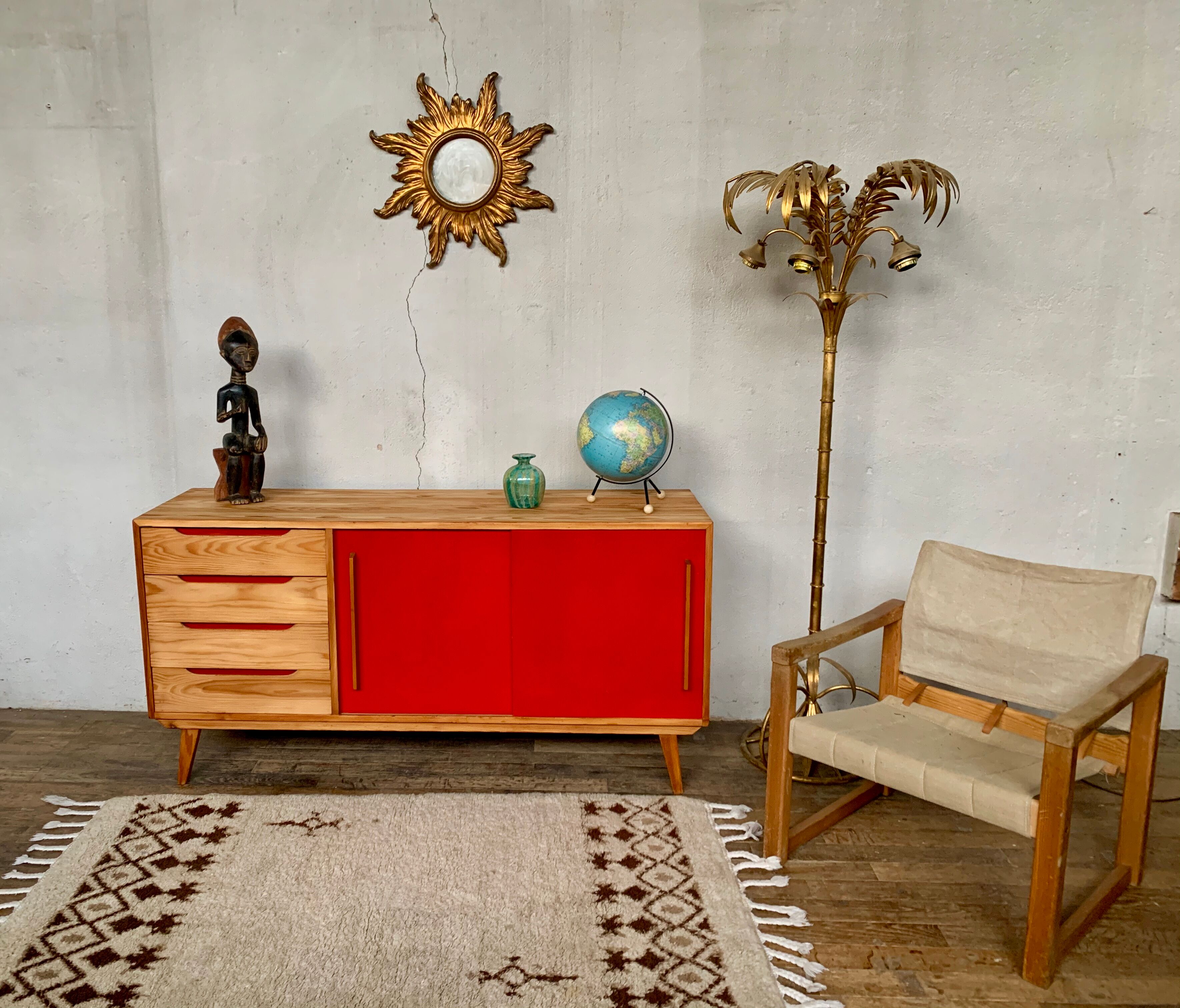 Enfilade vintage moderniste pieds compas 150 cm années 1950