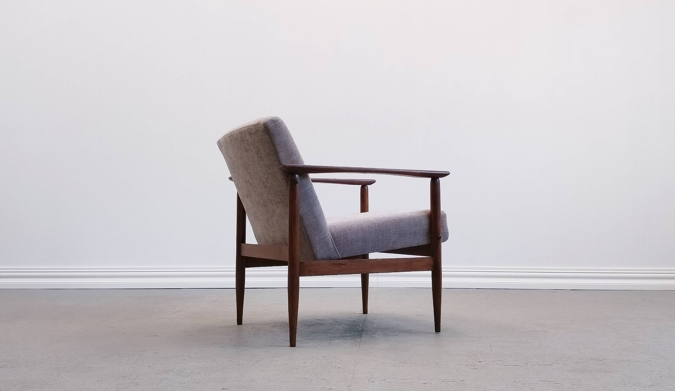 Mid Century Easy Chair in warm gray textile.