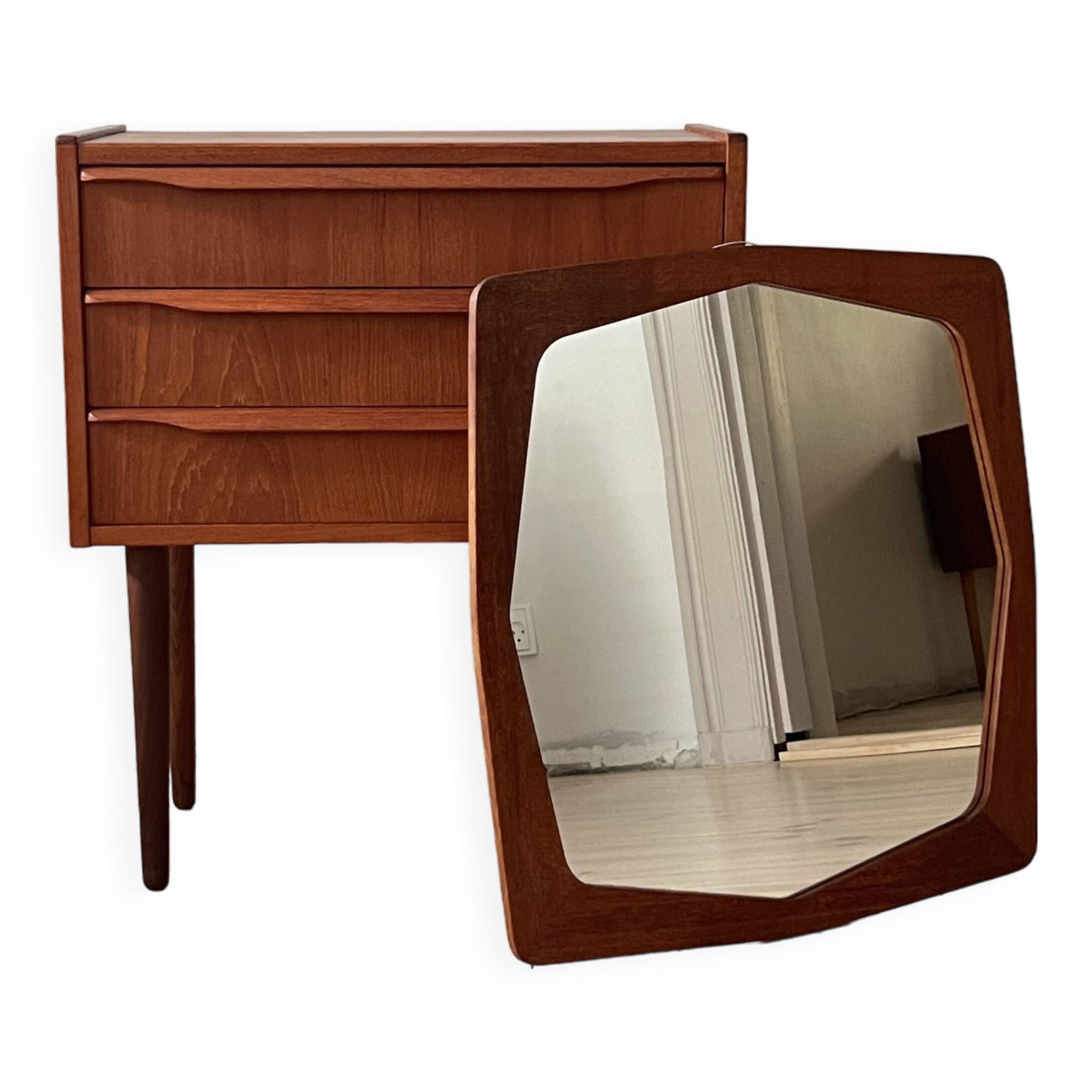Danish vintage set of chest of drawers and mirror, teak, 1960s