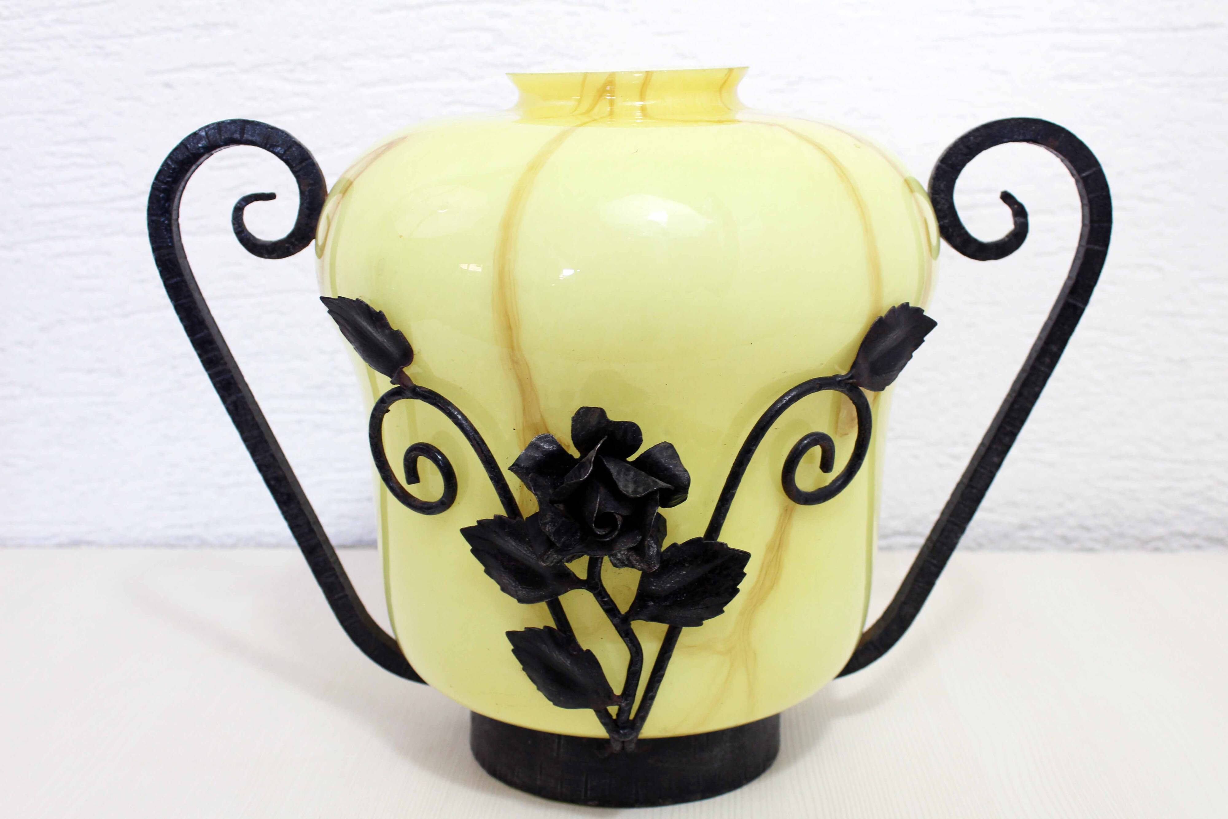 Art Deco transition glass and wrought iron vase