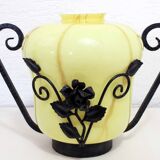Vase en verre et fer forgé transition Art Deco