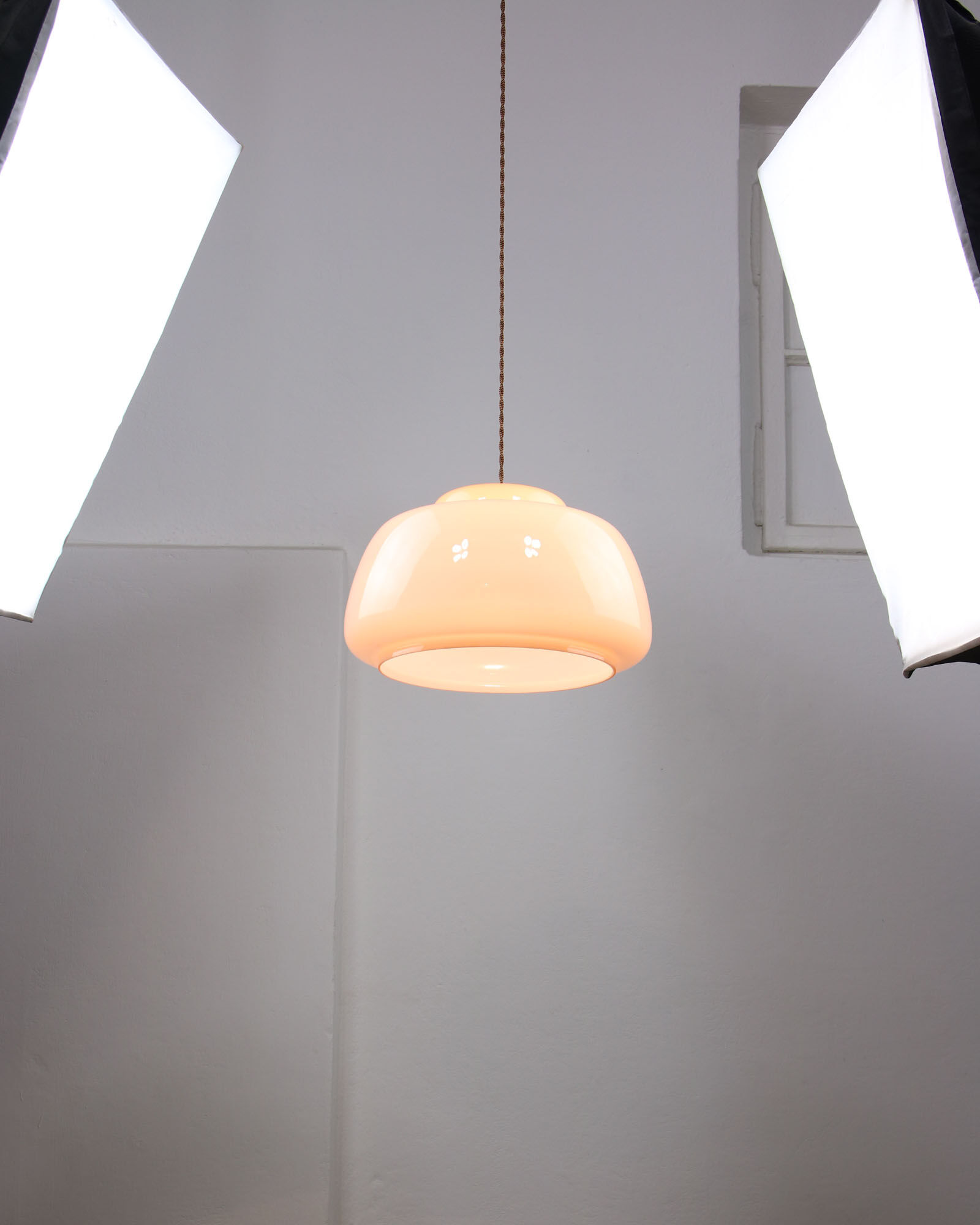 Mid-century Pink Glass & Brass Pendant Lamp