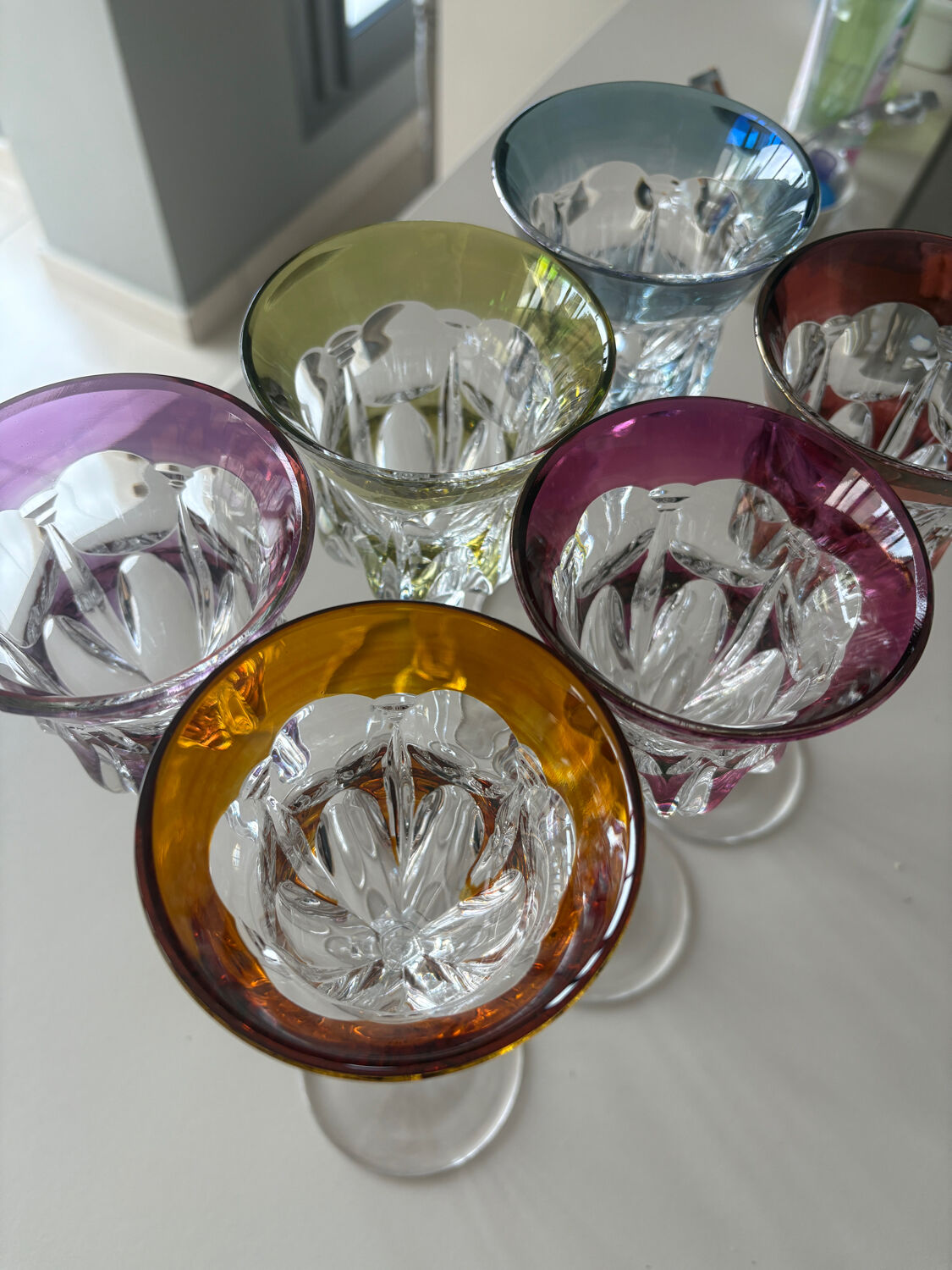 Set of 6 cut crystal liqueur glasses in colour – Bohemian style