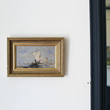 "Bateaux français sortant en mer" huile sur panneau, Bazil (XXe siècle)