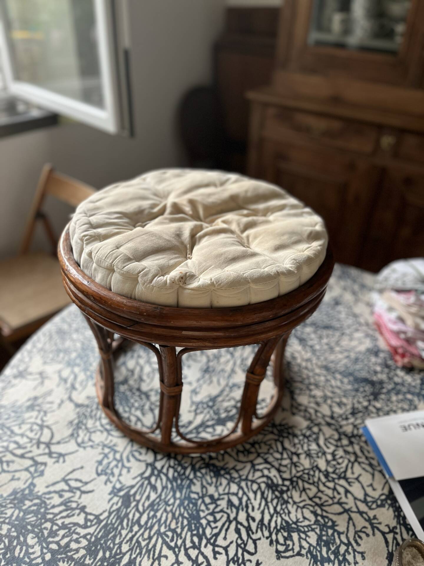 Pouf rattan stool from the 70s.