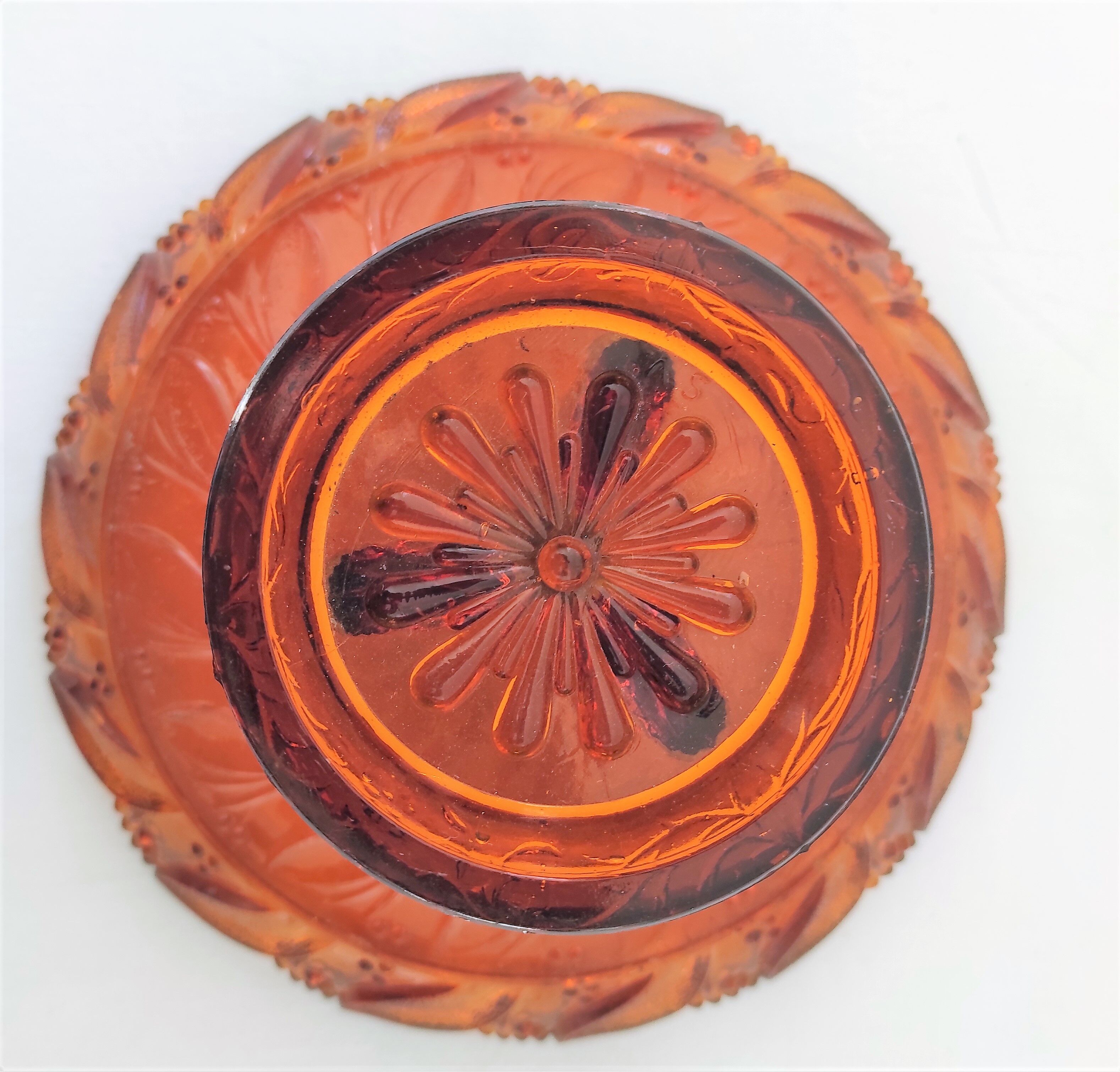 Amber moulded glass compotier on tripod pedestal around 1900/1930