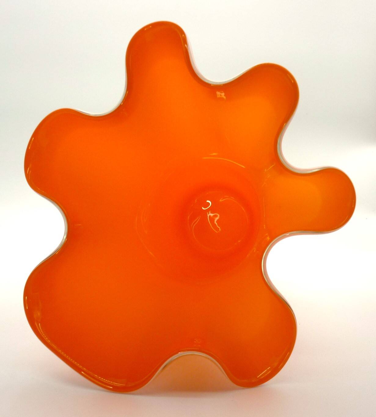 Murano handkerchief vase, blown glass, 1960s design, white and orange.