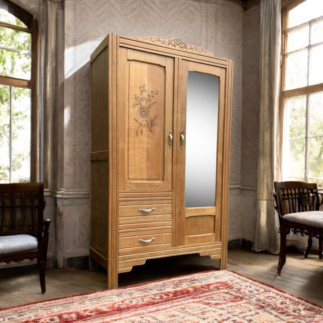 Parisian art deco hotel wardrobe in solid raw oak 1930