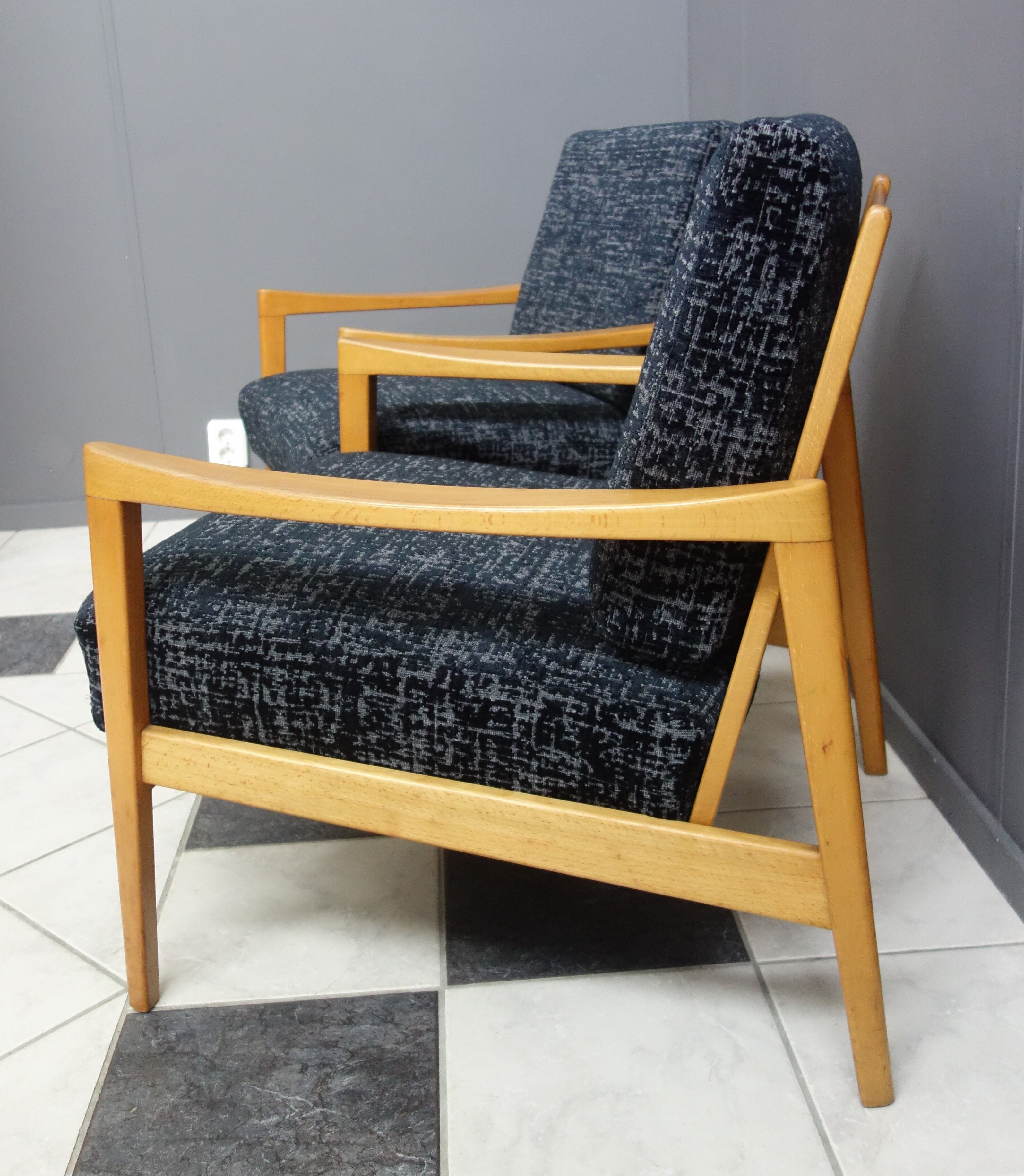 Black velvet-like fabric chairs in beech frame 1960s