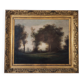 Oil on Canvas Barbizon / 19th France / Painting Painting of an Animated Landscape