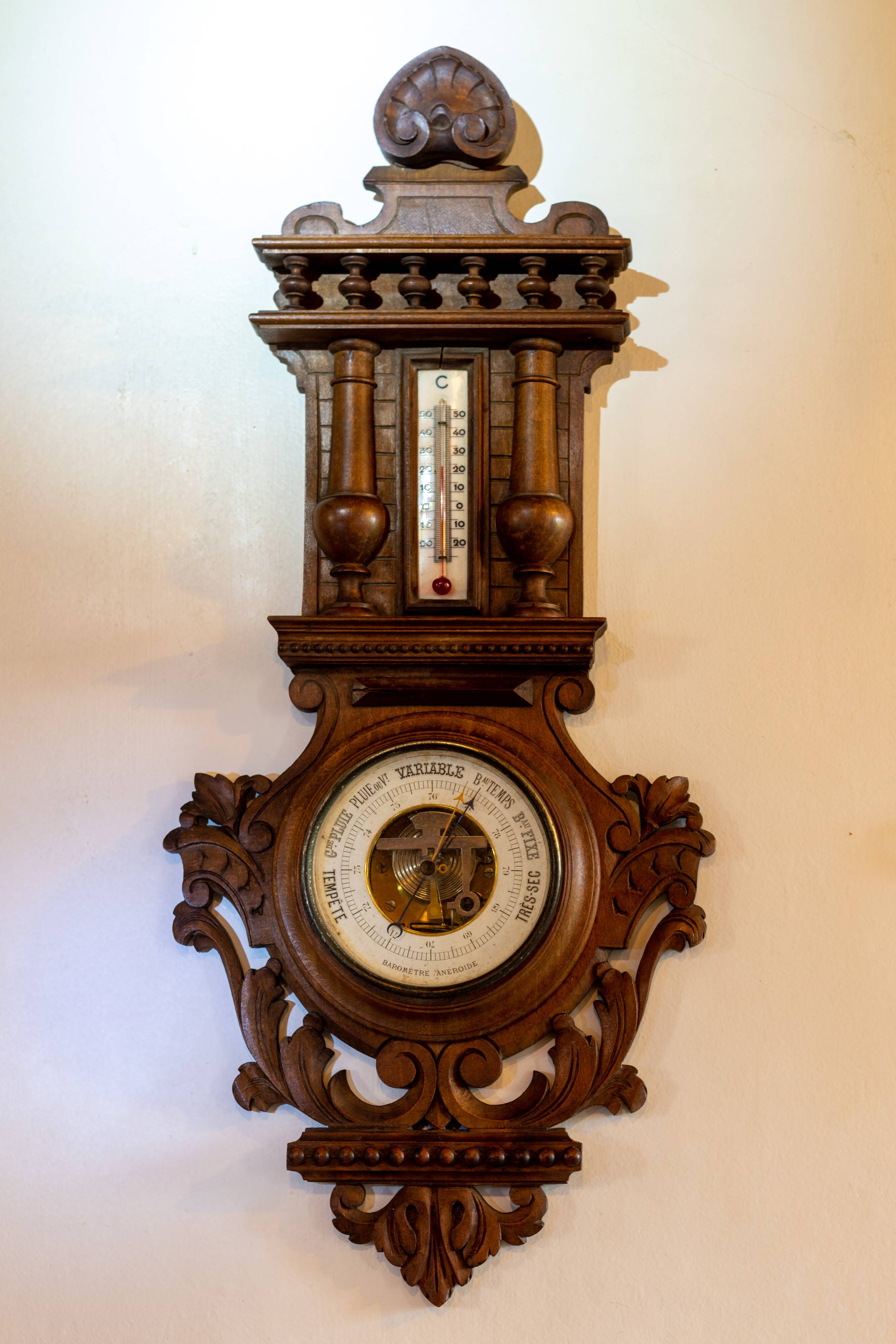 Henri II barometer and thermometer in carved wood