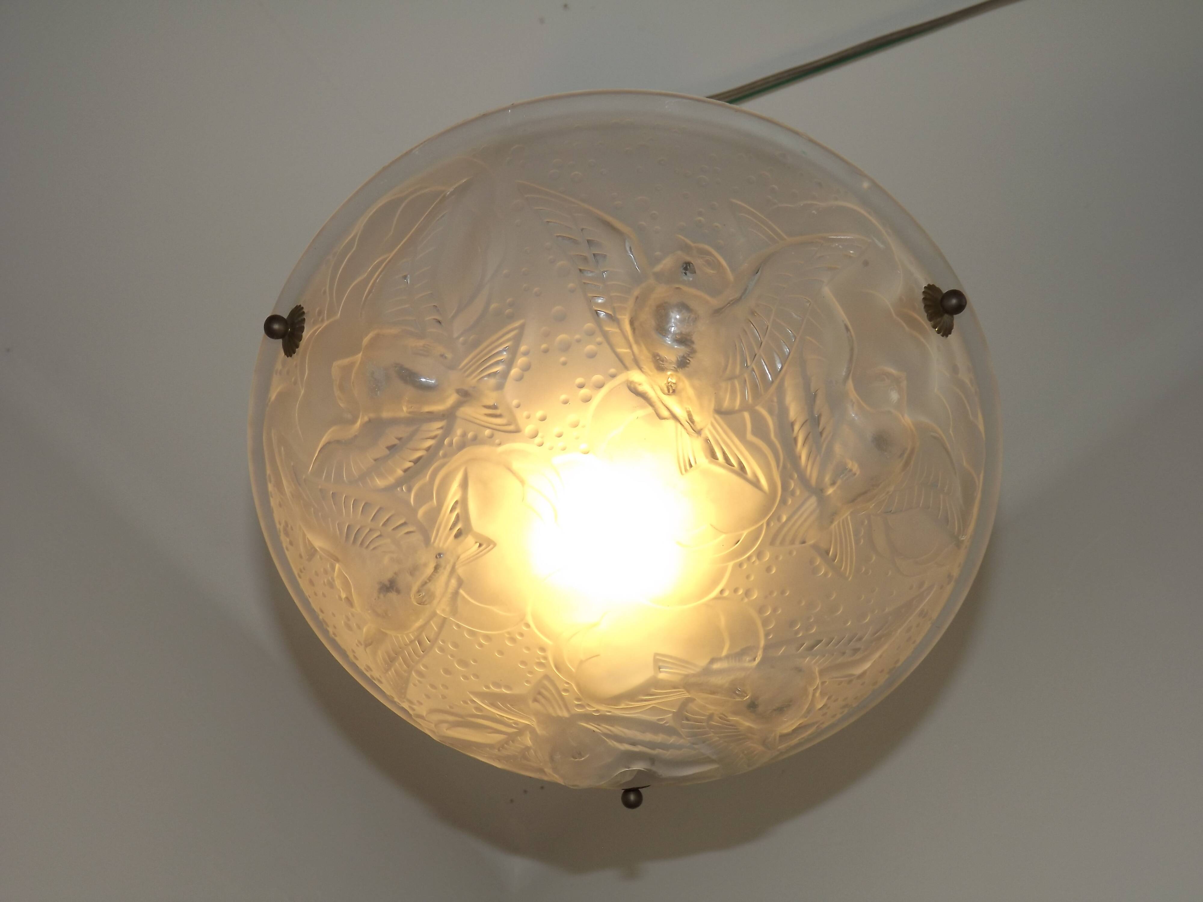 Signed Muller Frères Lunéville Art Deco Ceiling Light Flying Bird Detail