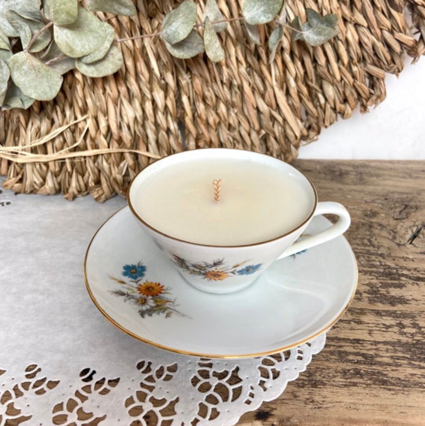 Natural soy wax candle and porcelain cup