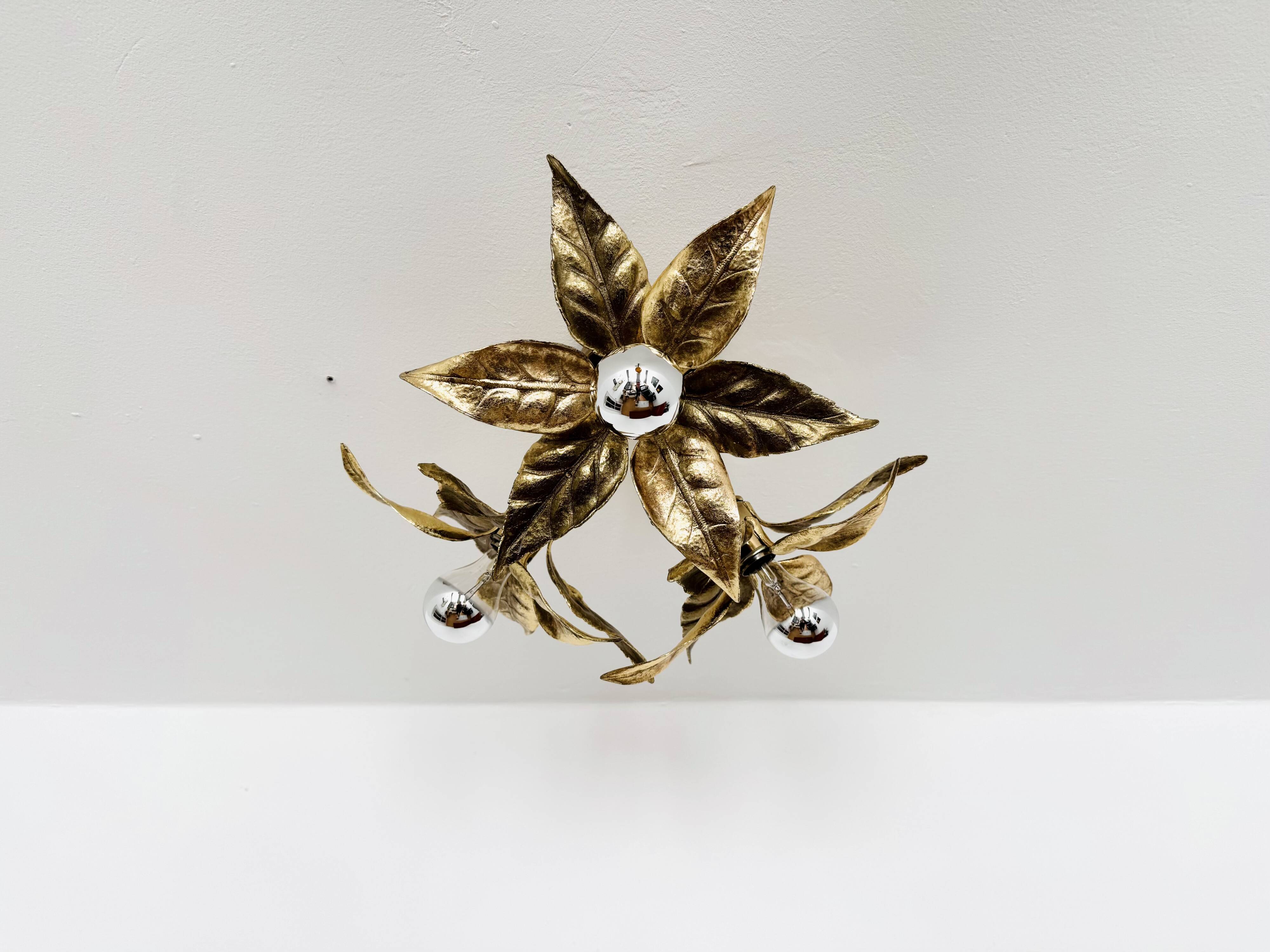 Large Floral Hollywood Regency Flush Lamp by Willy Daro for Massive