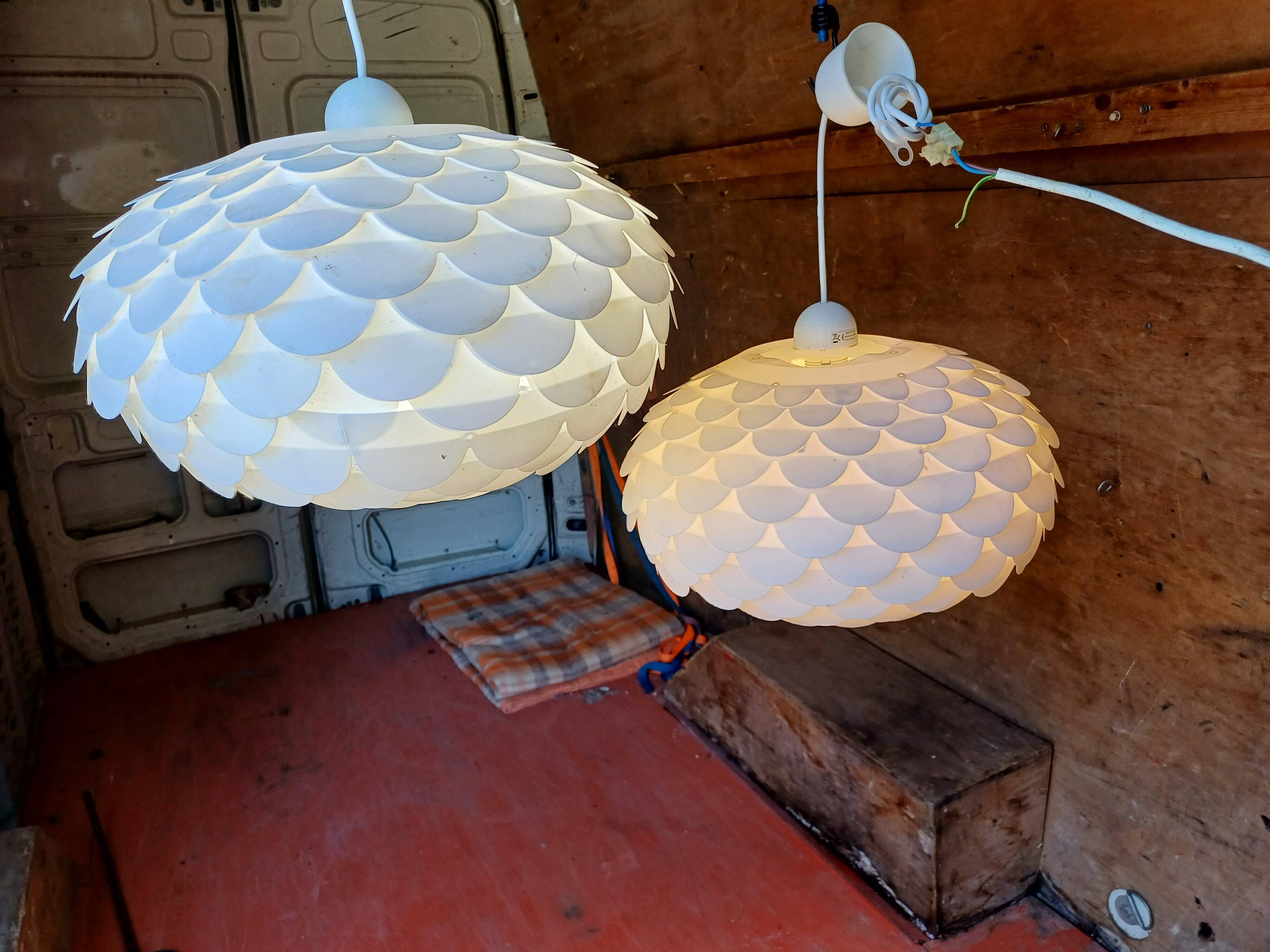 Pair of vintage white plastic pendant lights