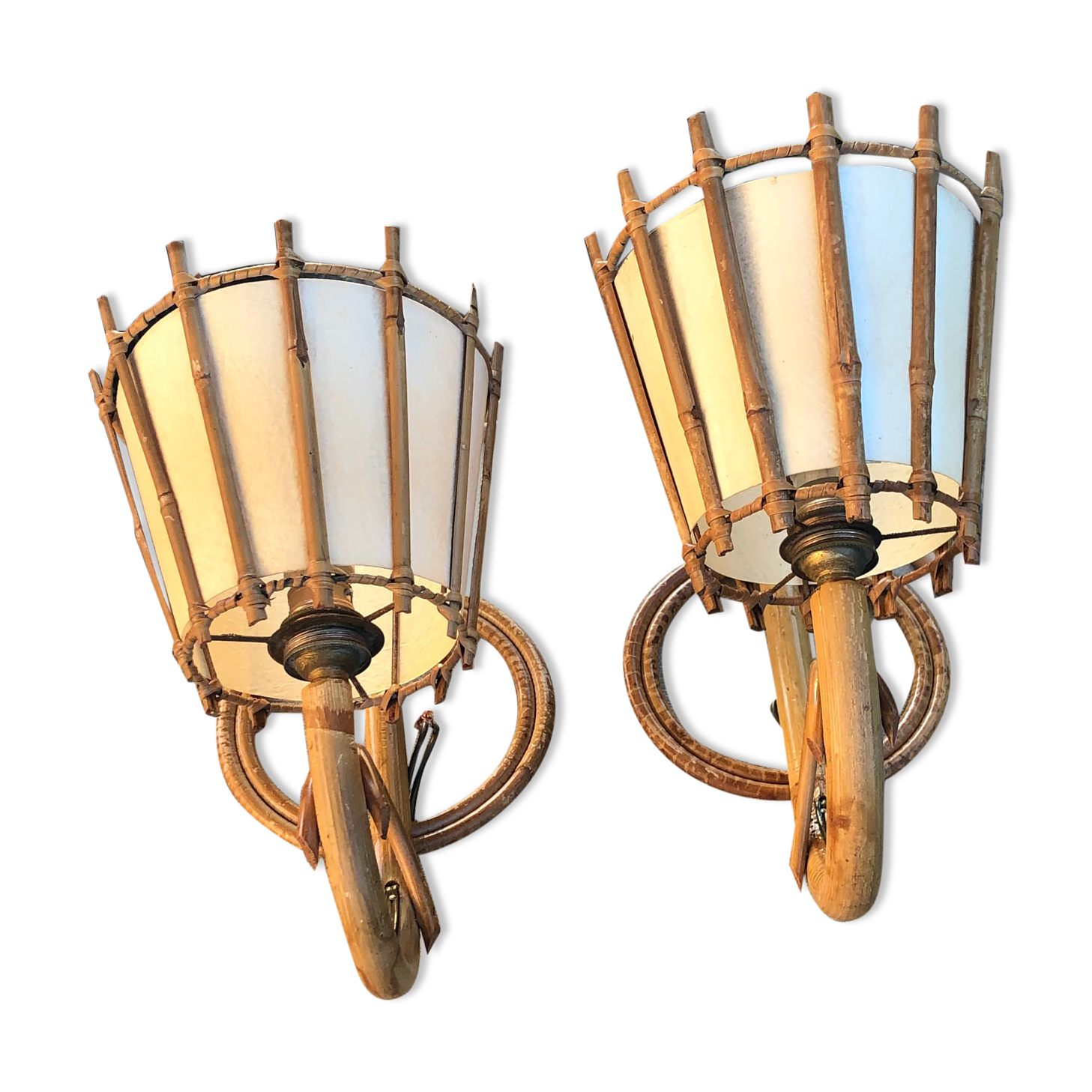 Pair rattan sconces