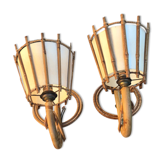 Pair rattan sconces