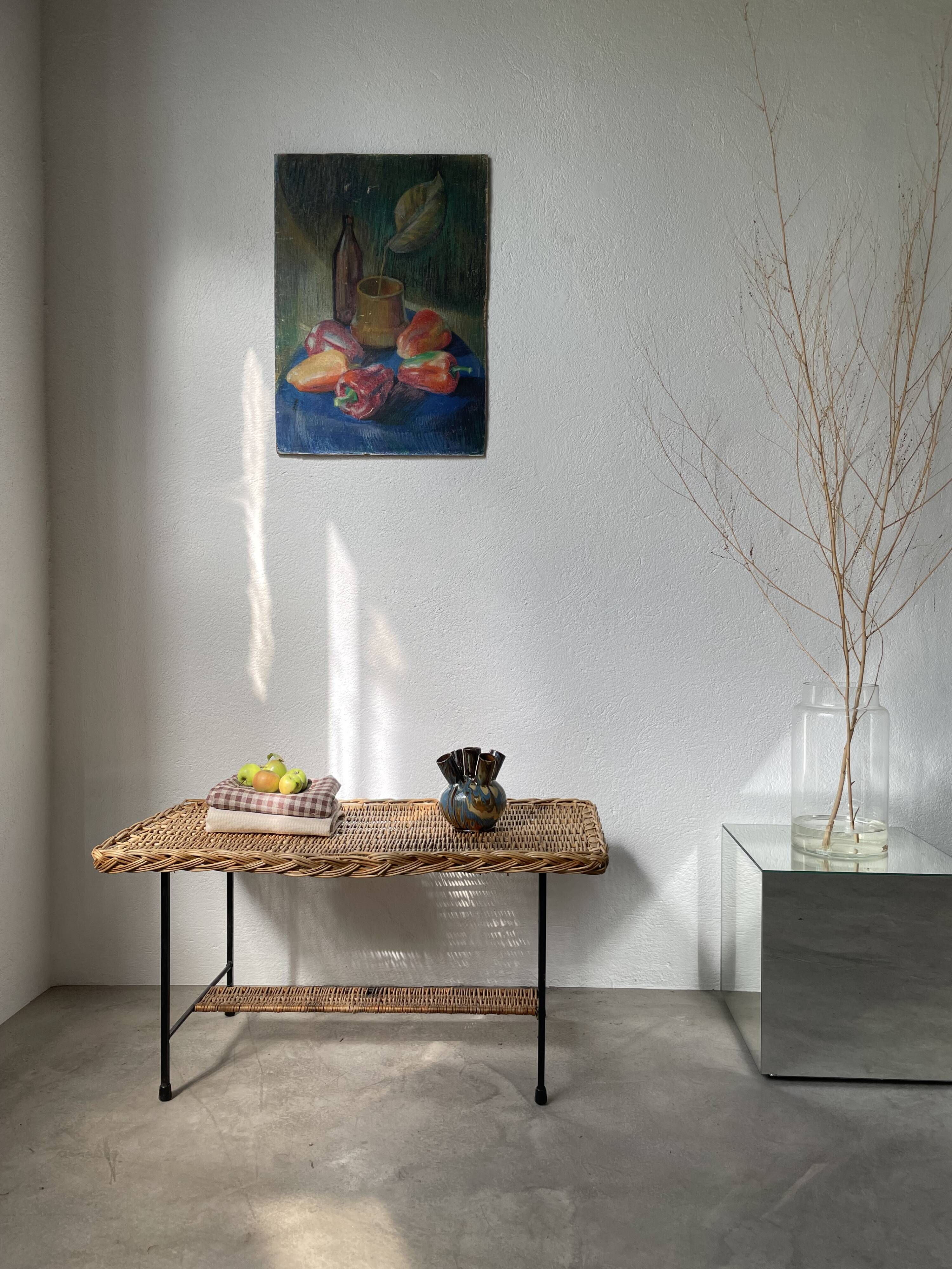 Woven wicker and metal coffee table 1960