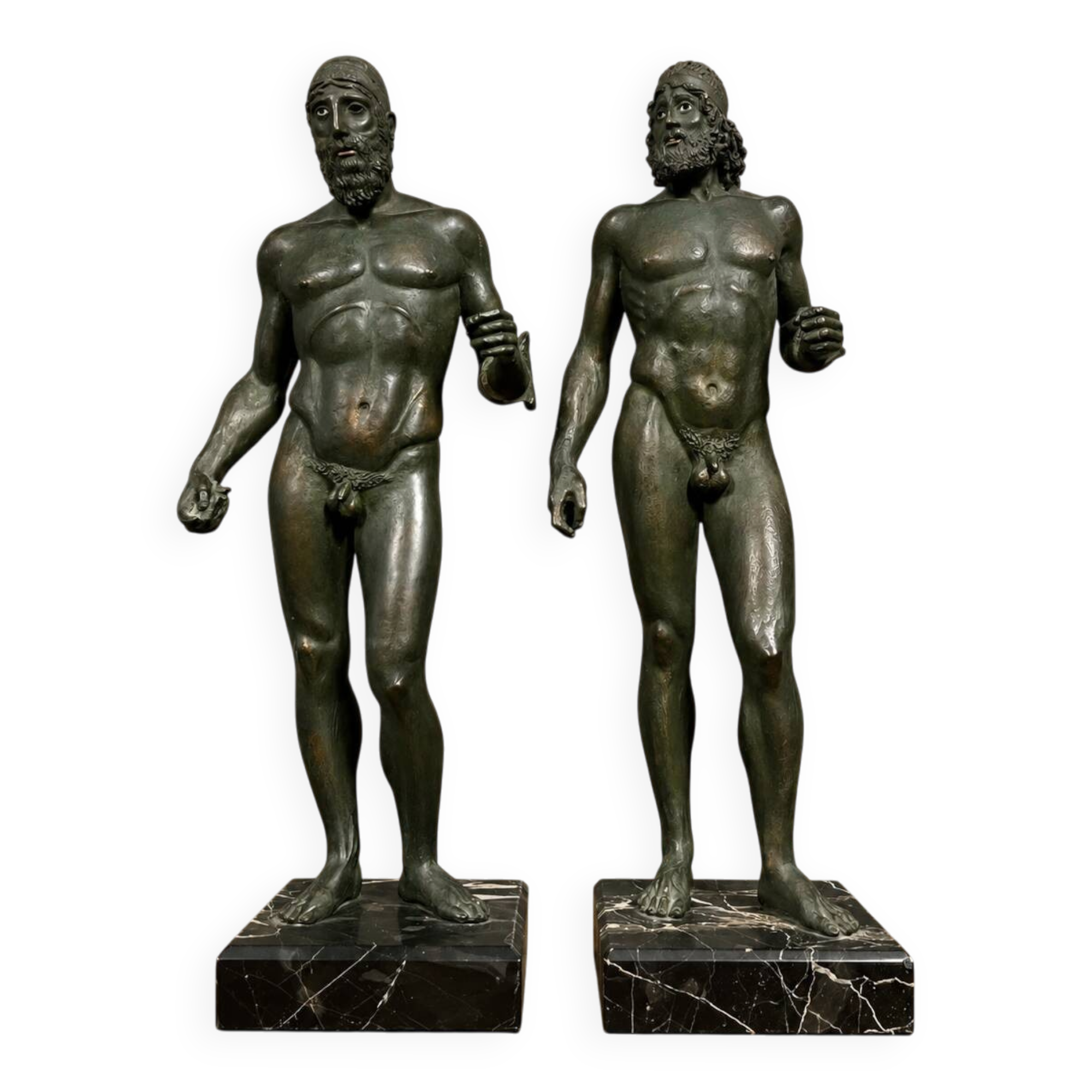 bronze sculptures with a green patina representing the Riace warriors