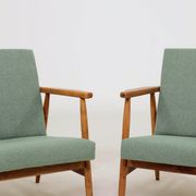 Pair of vintage long chairs mint green bouclé 1970