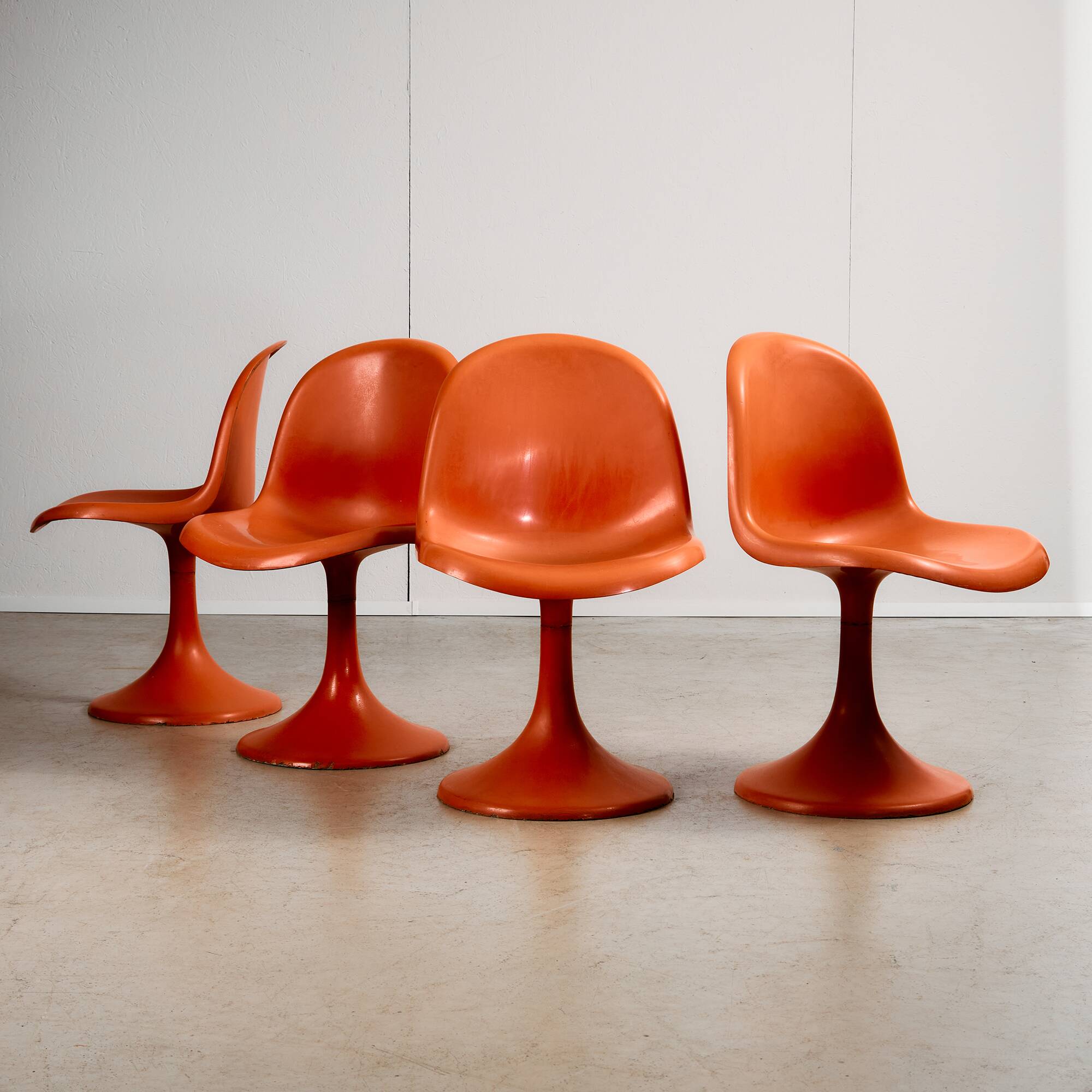 Set of Single-base Orange Molded Chairs, 1970s