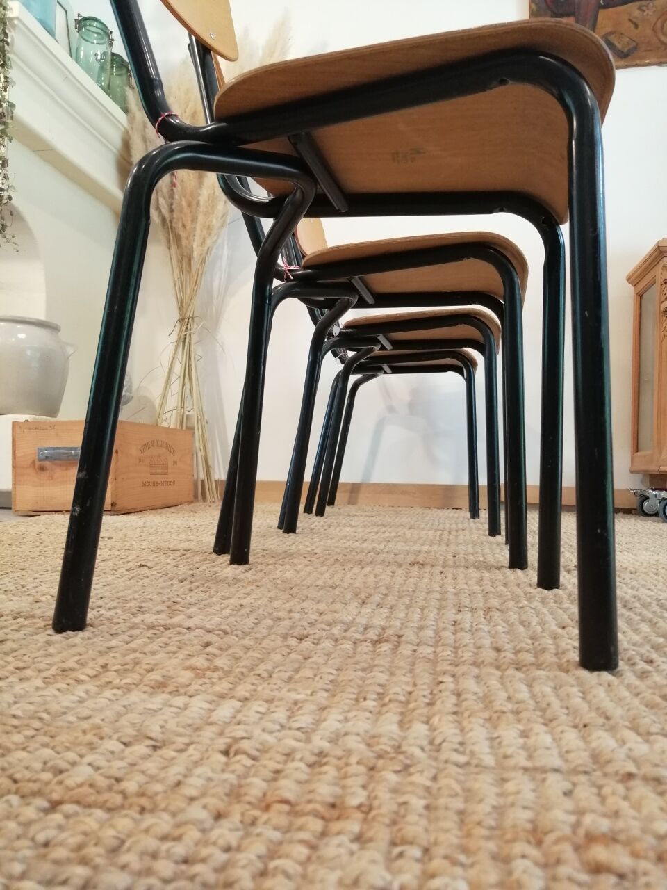 Series of 4 wooden and metal school chairs
