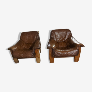Fauteuils en cuirs et bois vintage