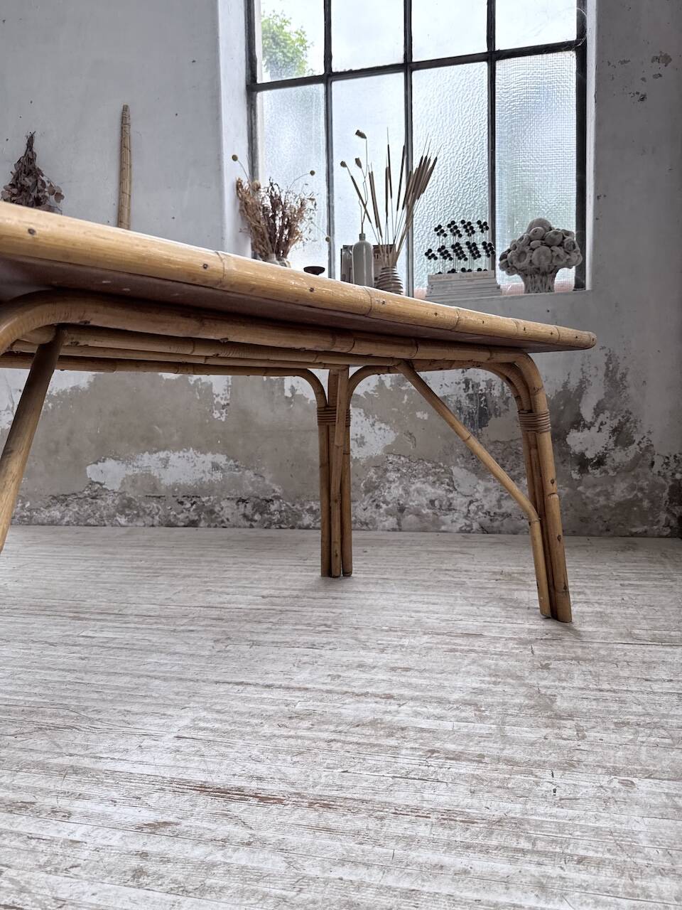 1950s rattan table with ceramic top