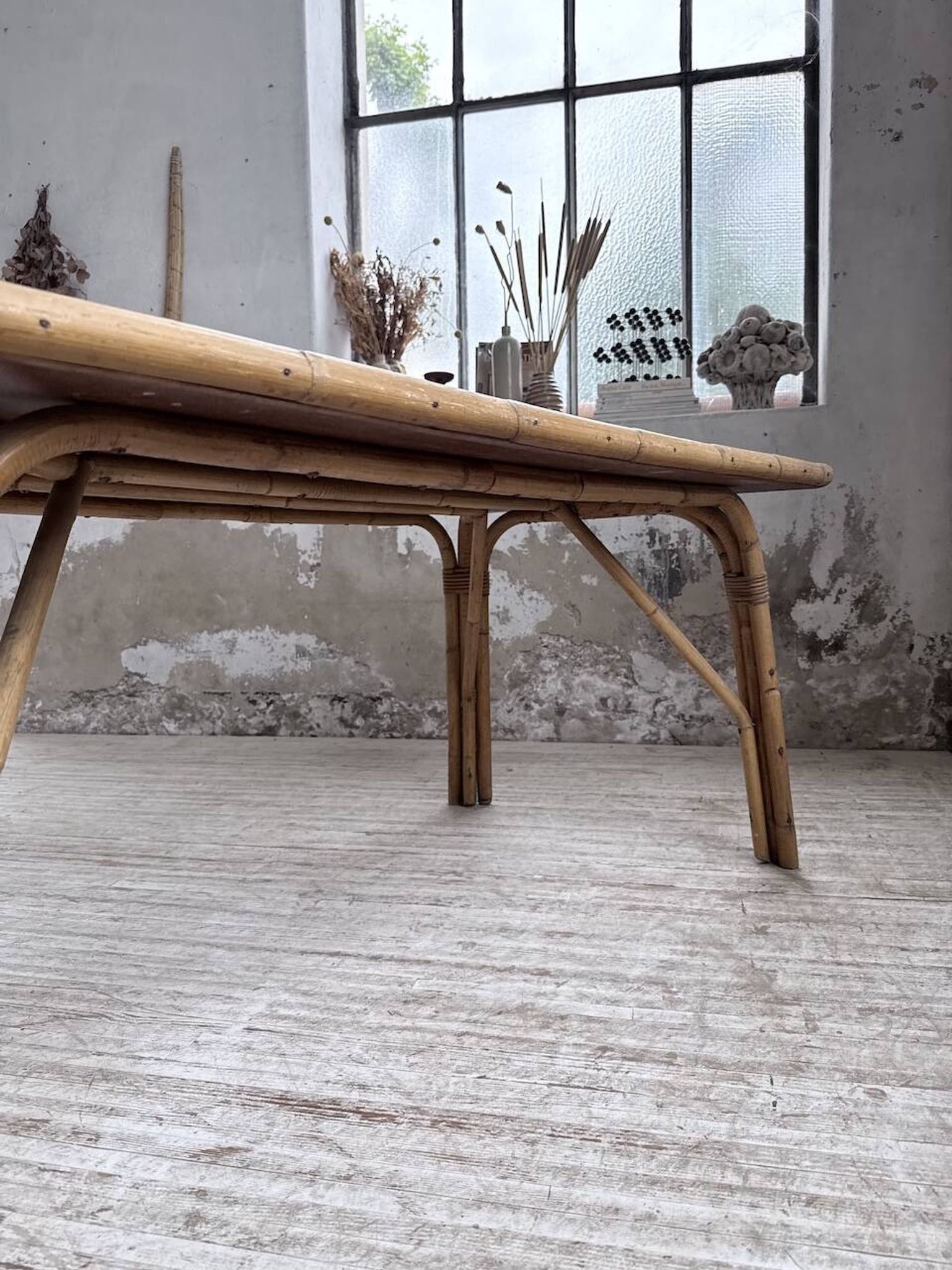 1950s rattan table with ceramic top