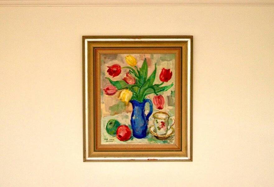 Original mid-century Swedish oil on panel – “Tea” by Karl Enoch Ohlsson – vintage & framed – 56 × 64 cm