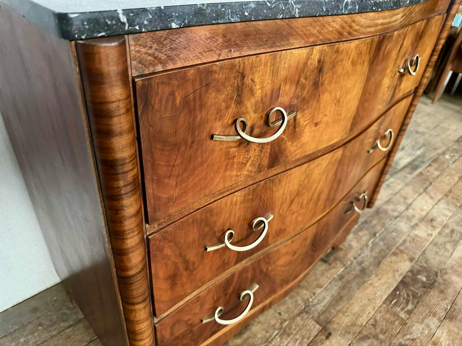 Art Deco curved chest of drawers in walnut