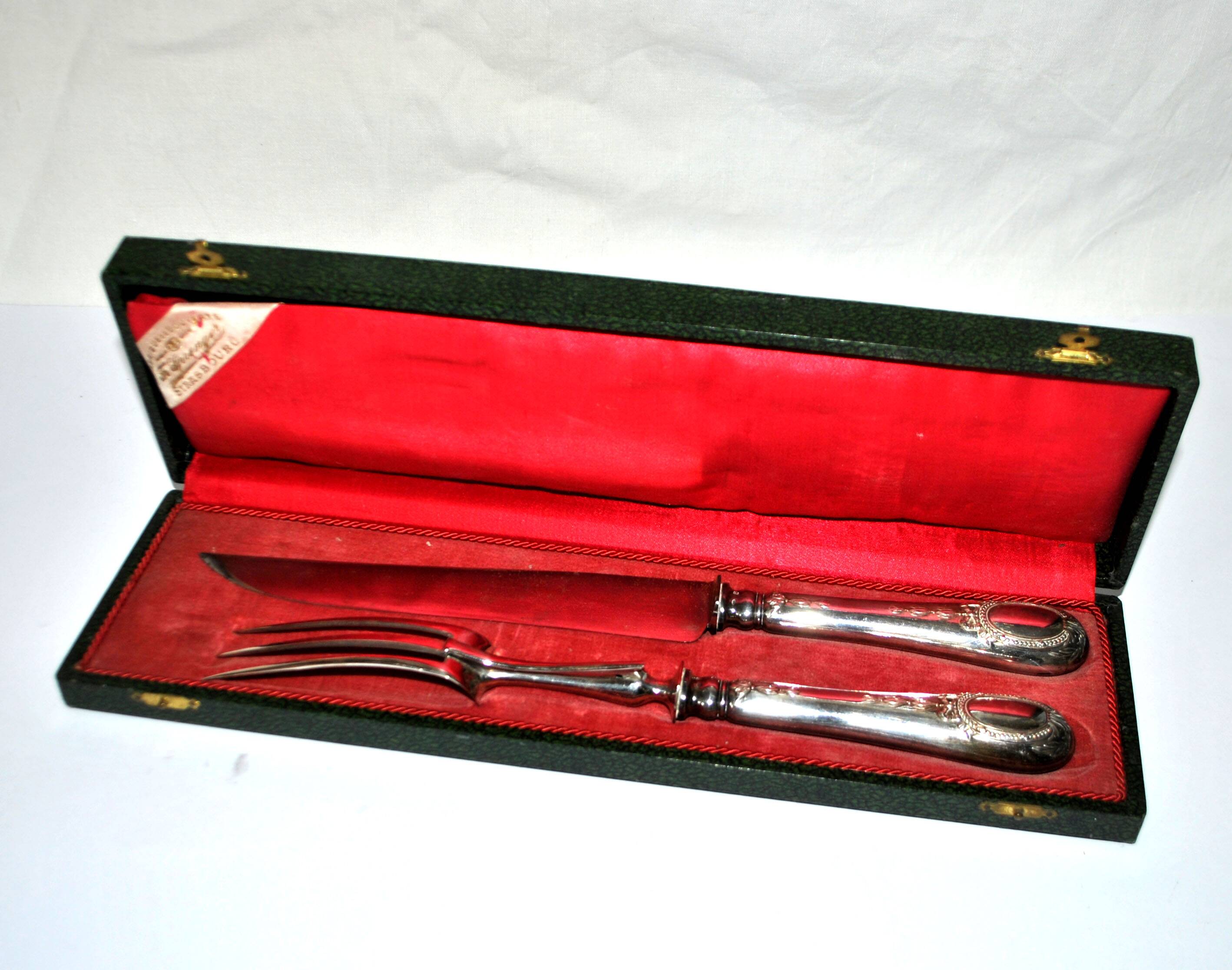 Silver-plated metal knife and fork service cutlery with medallion Fr. SPRENGER STRASBOURG 1900