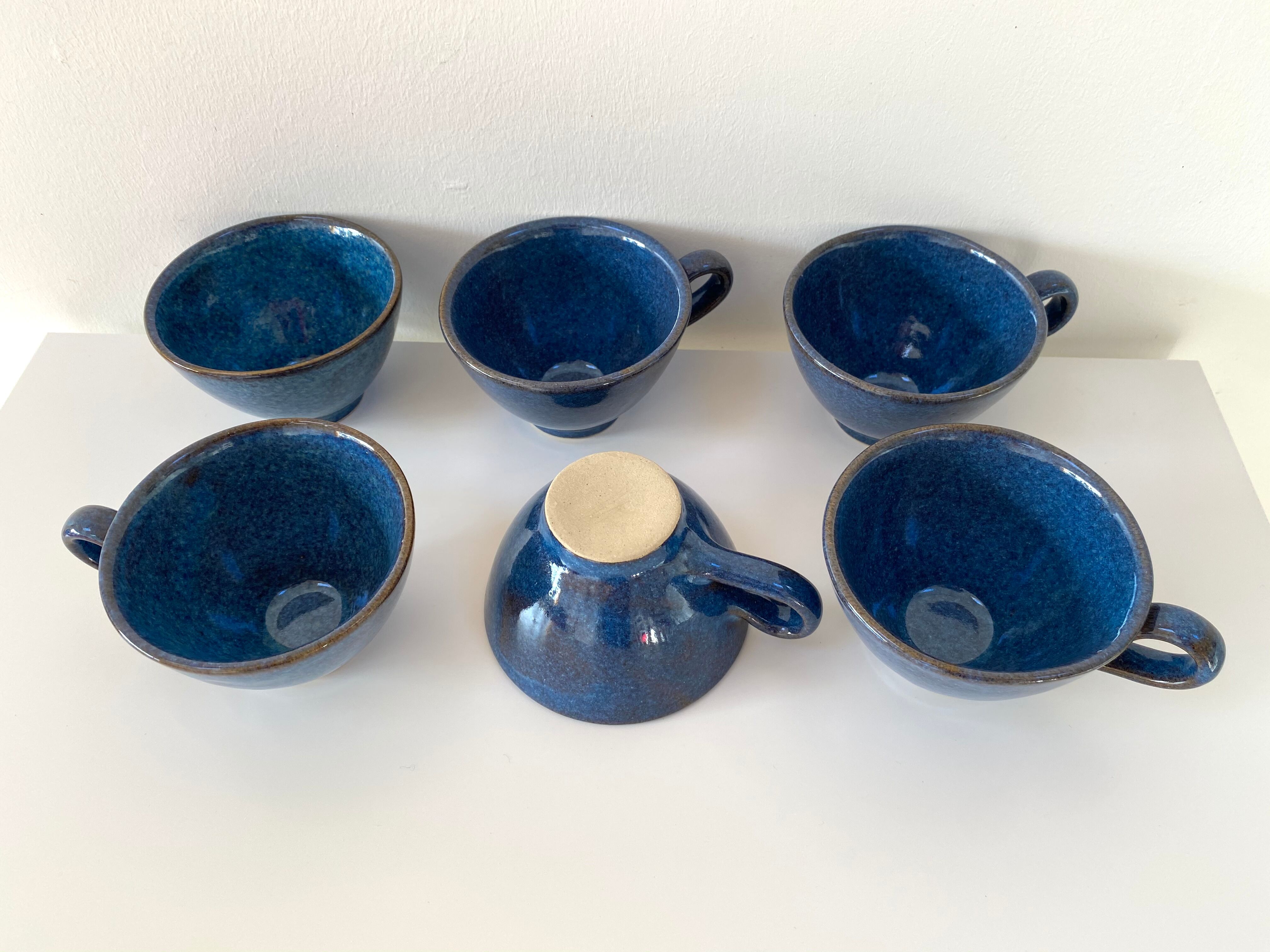 Set of 6 cups or cider bowls in glazed blue stoneware