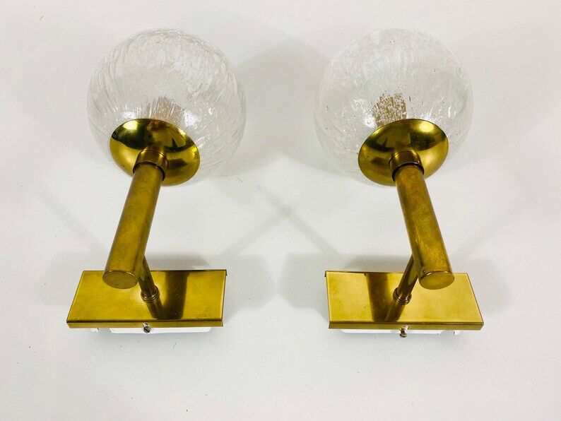 Pair of wall lamps in brass and glass Hillebrand, Germany 1960